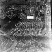 © USHMM Aerial photograph of the USAF, March 1945 - In the lower right corner of the picture the bomb craters of the allied air raids can be seen very well.